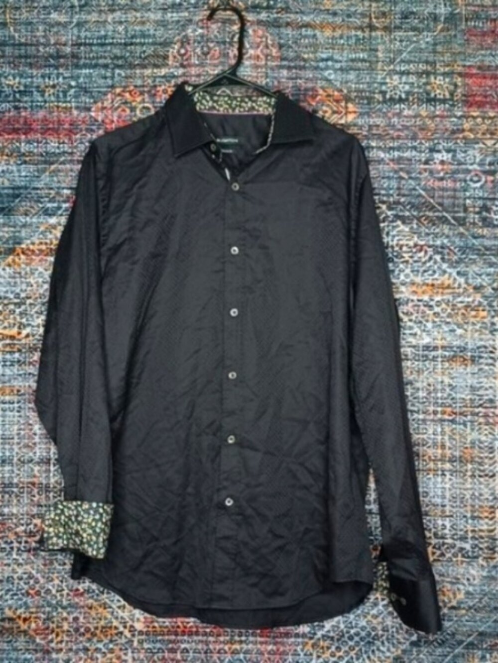 Bugatchi Uomo mens solid embroidered black floral flip classic fit shirt M EUC